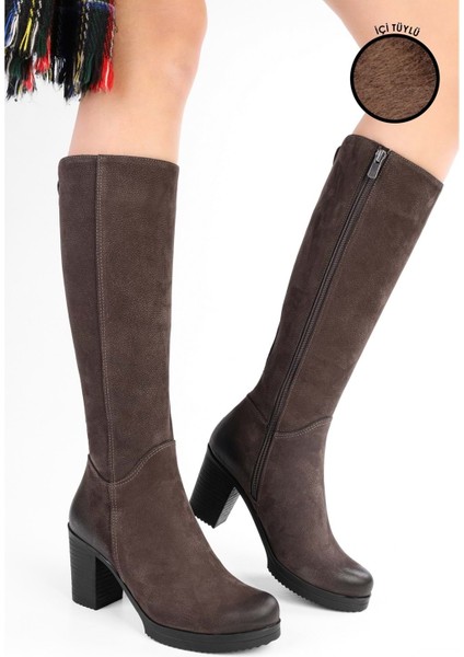 Kadın Daen Kahve Süet Deri Topuklu Çizme indirimleri