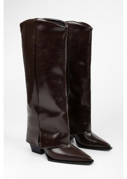 Kadın Texas Kahve Parlak Tozluk Detaylı Kovboy Çizme