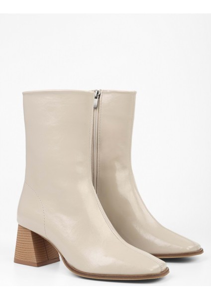 Kadın Talve Bej Parlak Küt Burunlu Topuklu Bot
