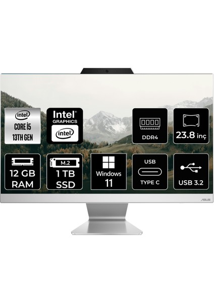 A3402 Intel Core I5 1335U 12GB 1tb SSD 23.8" Fhd Windows 11 Pro All In One Bilgisayar & Per4 USB Bellek A3402WBAKP408
