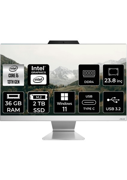 A3402 Intel Core I5 1335U 36GB 2tb SSD 23.8" Fhd Windows 11 Pro All In One Bilgisayar & Per4 USB Bellek A3402WBAKP434