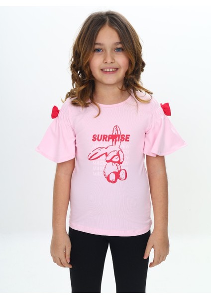 Kız Çocuk Fiyonklu Tavşan Baskılı Tişört