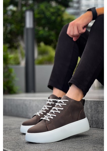 LE10 Bağcıklı Erkek Yüksek Beyaz Taban Kahverengi Spor Bot indirimleri