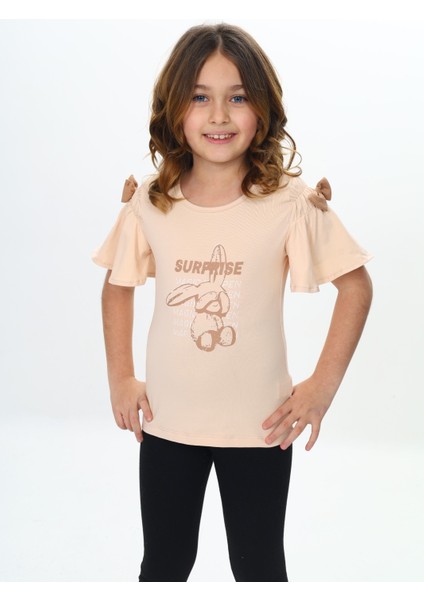 Kız Çocuk Fiyonklu Tavşan Baskılı Tişört