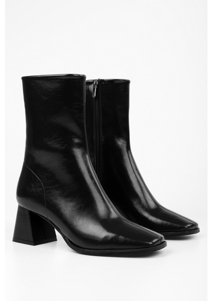 Kadın Talve Siyah Parlak Küt Burunlu Topuklu Bot