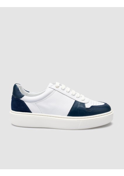 Deri Beyaz - Mavi Bağcıklı Erkek Sneaker