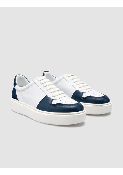 Deri Beyaz - Mavi Bağcıklı Erkek Sneaker