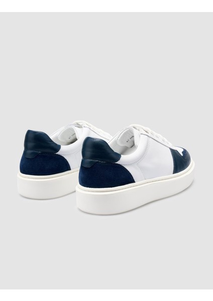Deri Beyaz - Mavi Bağcıklı Erkek Sneaker
