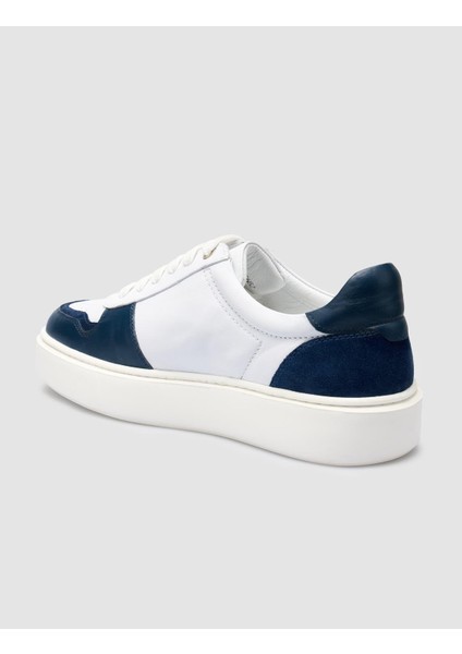 Deri Beyaz - Mavi Bağcıklı Erkek Sneaker