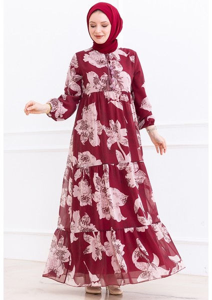 Çiçek Desen Şifon Elbise 1351 - Bordo