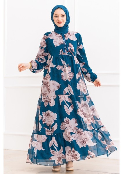 Çiçek Desen Şifon Elbise 1351 - Indigo