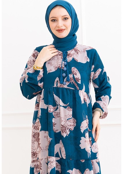 Çiçek Desen Şifon Elbise 1351 - Indigo modelleri