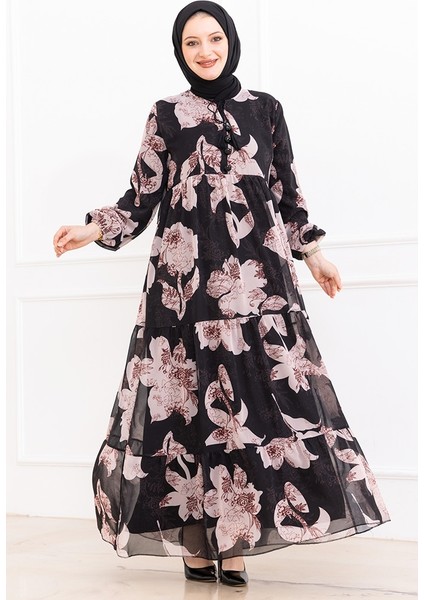 Çiçek Desen Şifon Elbise 1351 - Siyah
