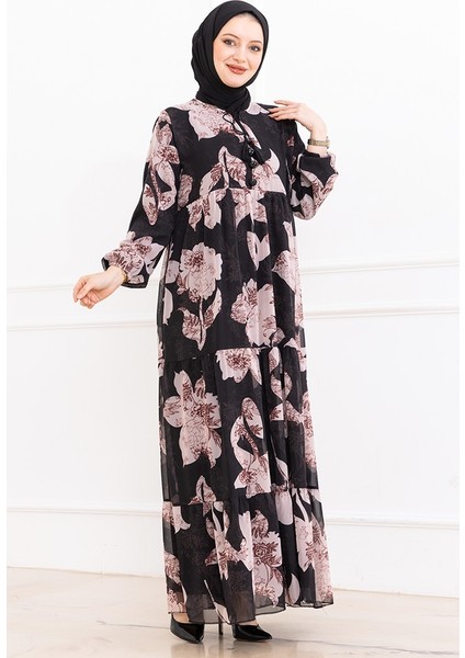 Çiçek Desen Şifon Elbise 1351 - Siyah fiyatları