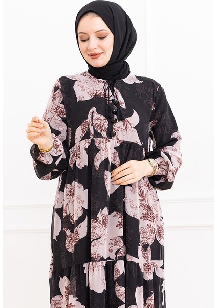 Çiçek Desen Şifon Elbise 1351 - Siyah modelleri