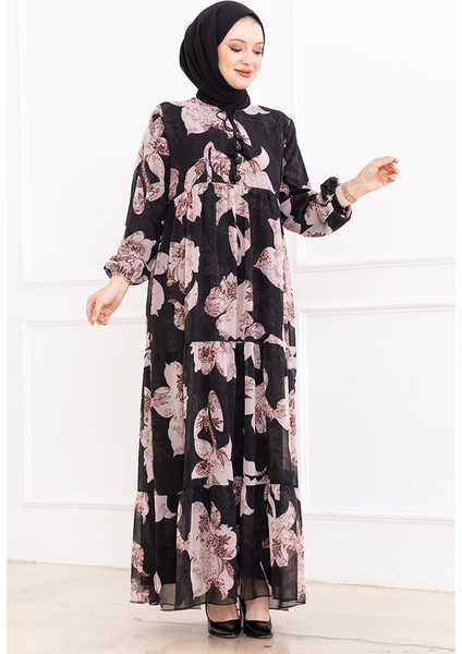 Çiçek Desen Şifon Elbise 1351 - Siyah fırsatları