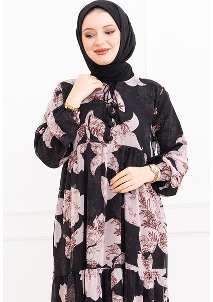 Çiçek Desen Şifon Elbise 1351 - Siyah indirimleri
