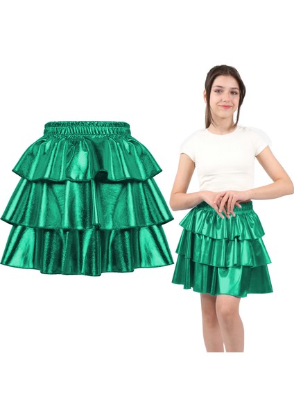 Kız Çocuk Beli Lastikli Metalik Parlak Işıltılı 3 Katlı Fırfırlı Etek