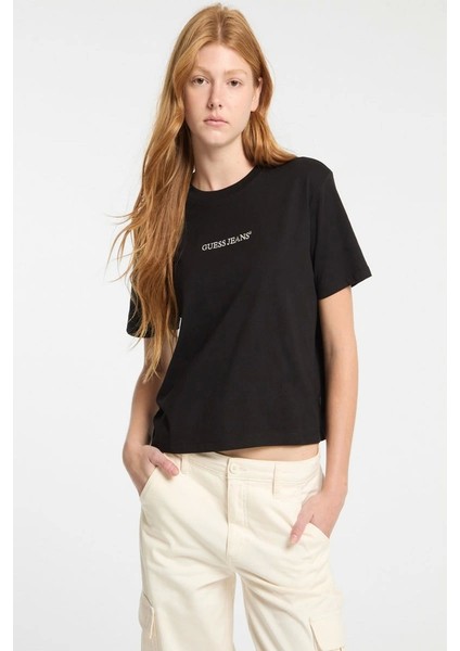 Kadın Crop Boxy T-Shirt Nakış Işlemeli Siyah