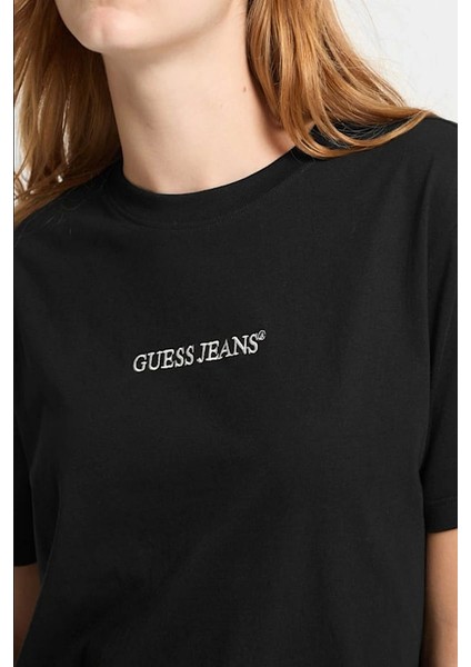 Kadın Crop Boxy T-Shirt Nakış Işlemeli Siyah