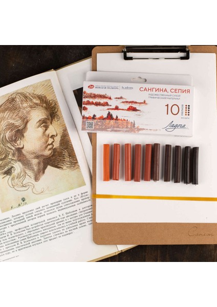 Ladoga Charcoal Füzen Seti Çizim Tebeşiri 6 Renk 10 Adet Sanguine-Sepia