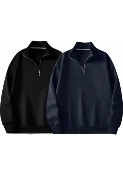 2\'li Paket Dik Yaka Yarım Fermuarlı Düz Kazak Sweatshirt