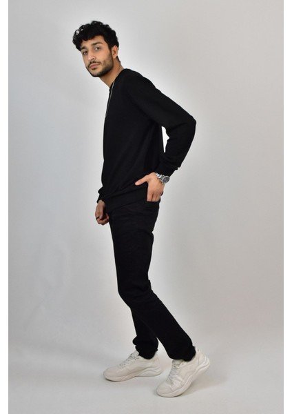 Erkek Likrali Sıfır Yaka Sweatshirt