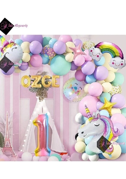 4 Harfli 1 Yaş Gökkuşağı Konsepti Unicorn Temalı Makaron Balon Doğum Günü Parti Kutlama Seti