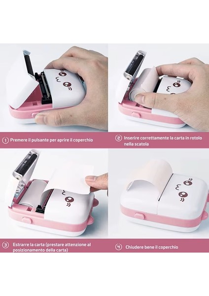 Taşınabilir Mini Cep Yazıcı - Termal Yazıcı Printer - 6 Kağıt + 5 Rulo Çıkartma + 3 Renkli Kağıt + 6 Sulu Boya Kalemi (Pembe)