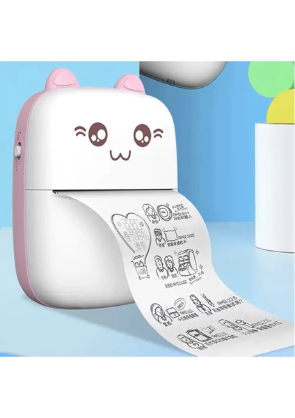 Taşınabilir Mini Cep Yazıcı - Termal Yazıcı Printer - 6 Kağıt + 5 Rulo Çıkartma + 3 Renkli Kağıt + 6 Sulu Boya Kalemi (Pembe)
