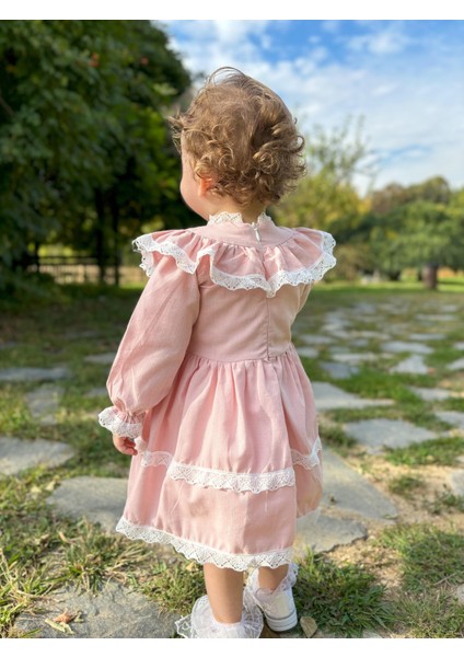 Alyra Kız Çocuk Bebek Uzun Kollu Fırfırlı Dantelli Astarlı Özel Gün Parti Doğum Günü Günlük Keten Elbise ALY0370