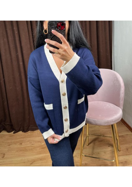 Moda Nesli Beyaz Şeritli Gold Düğmeli Lacivert Hırka fiyatları