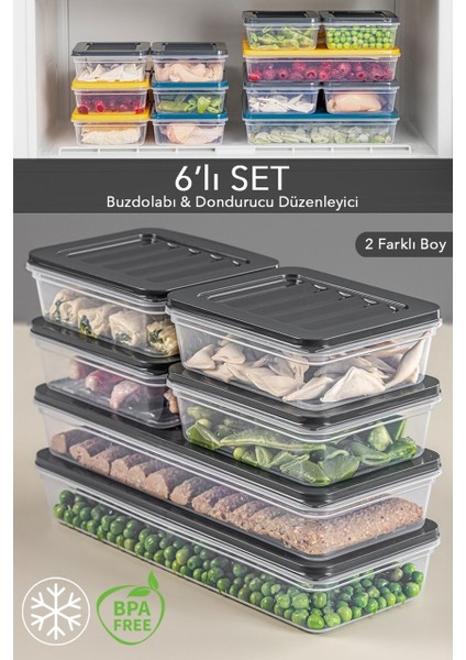 6'lı Buzdolabı Organizer Mikrodalga ve Difrize Uygun Saklama Kabı Antrasit 2 x 1170 ml - 4 x 600 ml