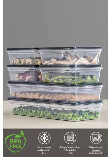 6'lı Buzdolabı Organizer Mikrodalga ve Difrize Uygun Saklama Kabı Antrasit 2 x 1170 ml - 4 x 600 ml