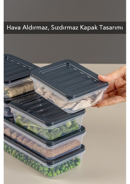 6'lı Buzdolabı Organizer Mikrodalga ve Difrize Uygun Saklama Kabı Antrasit 2 x 1170 ml - 4 x 600 ml