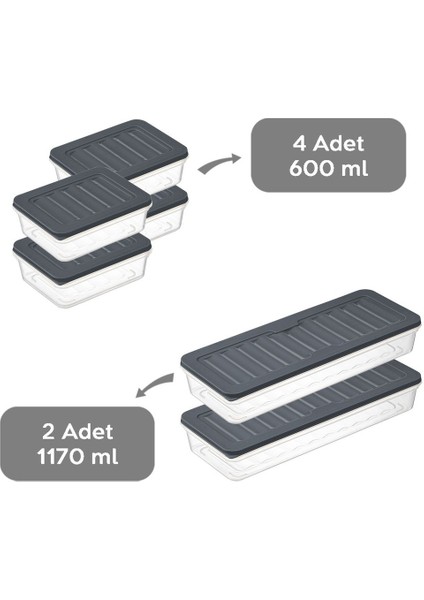6'lı Buzdolabı Organizer Mikrodalga ve Difrize Uygun Saklama Kabı Antrasit 2 x 1170 ml - 4 x 600 ml