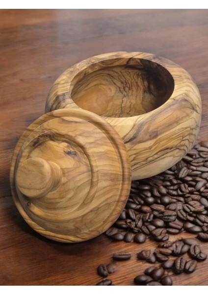 Zeytin Ağacı Tek Parça El Yapımı Doğal Ahşap Kapaklı Yuvarlak Kase Şekerlik 14 cm
