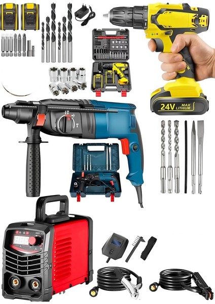 3'lü Set Invertec Kartlı Kaynak Makinesi Soğutmalı -Kırıcı Delici Hilti-Şarjlı Darbeli Setli Matkap