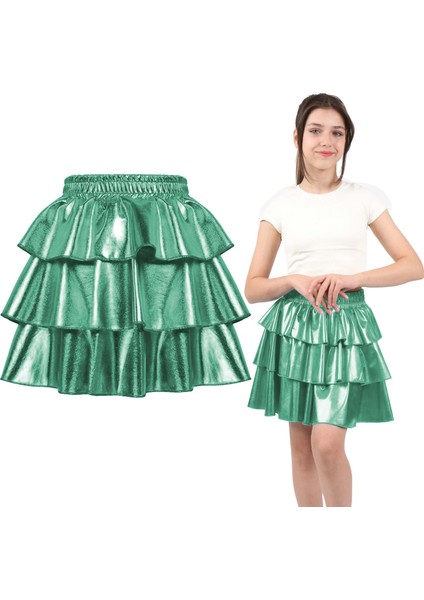 Kız Çocuk Beli Lastikli Metalik Parlak Işıltılı 3 Katlı Fırfırlı Etek