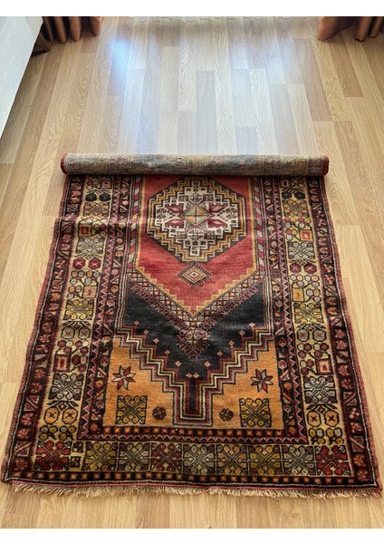 118 x 200 cm El Dokuma Vintage Halı, Benzersiz Desenli Yün Halı, Canlı Renkler, Antika Halı
