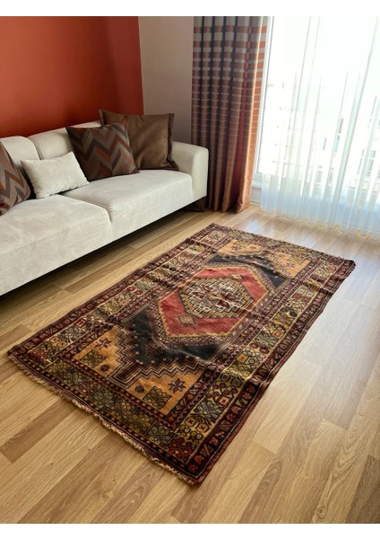 118 x 200 cm El Dokuma Vintage Halı, Benzersiz Desenli Yün Halı, Canlı Renkler, Antika Halı