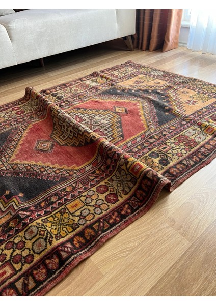 118 x 200 cm El Dokuma Vintage Halı, Benzersiz Desenli Yün Halı, Canlı Renkler, Antika Halı