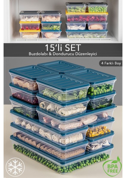 15'li Buzdolabı Organizer Mikrodalga ve Difrize Uygun Saklama Kabı 1X2400ML-4X1170-2X1200ML-8X600ML