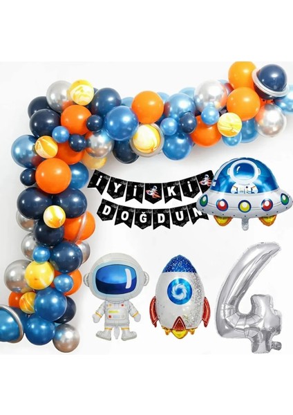 Uzay Temalı Doğum Günü Seti 4 Yaş; 4 Adet Folyo, 50 Lateks Balon, Banner, Balon Zinciri, Balon Bandı