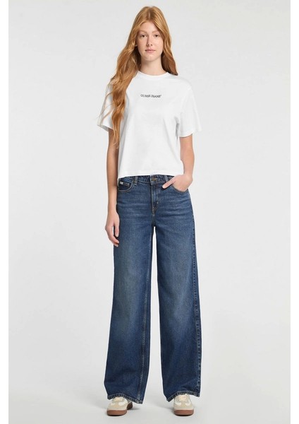 Kadın Crop Boxy T-Shirt Nakış Işlemeli Beyaz