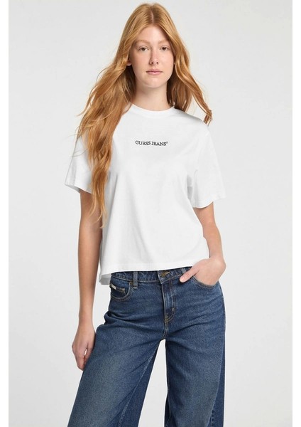 Kadın Crop Boxy T-Shirt Nakış Işlemeli Beyaz fiyatları