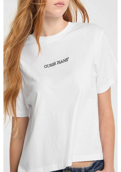 Kadın Crop Boxy T-Shirt Nakış Işlemeli Beyaz fırsatları