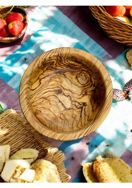 Zeytin Ağacı El Yapımı Doğal Ahşap Tek Parça Yuvarlak Kase Tabak Çerezlik 14 cm