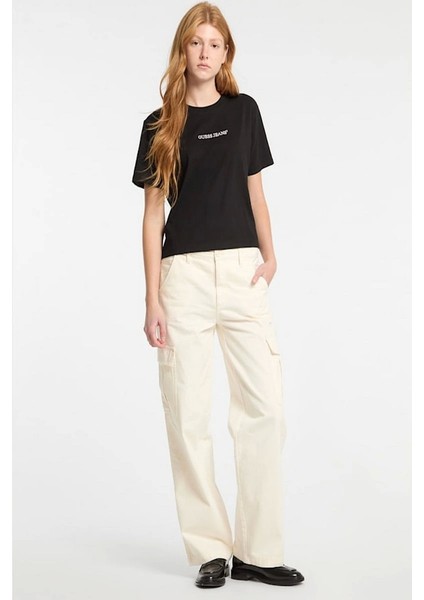 Kadın Crop Boxy T-Shirt Nakış Işlemeli Siyah