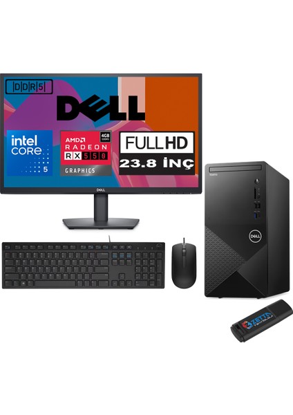Vostro 3030 mt Intel Core I5 12400 48GB Ddr5 1tb SSD 23.8" Fhd Windows 11 Pro Amd RX550-4GB Masaüstü Bilgisayar 23N3030I5RX550P23 + Zetta USB Bellek